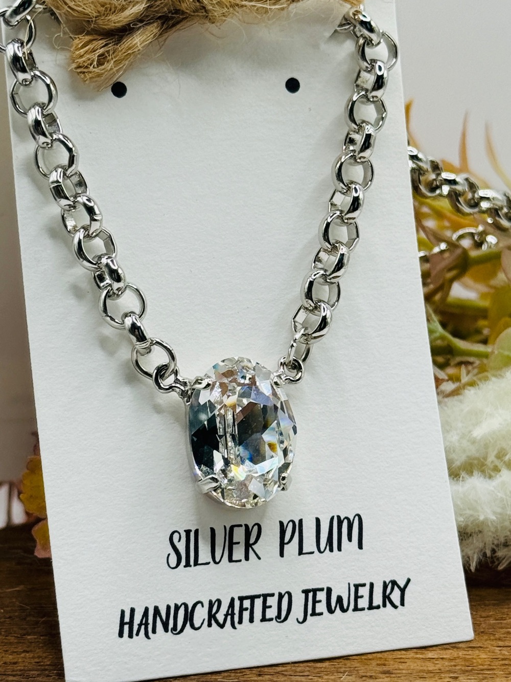Swarovski Handset white Crystal Oval Pendant Necklace